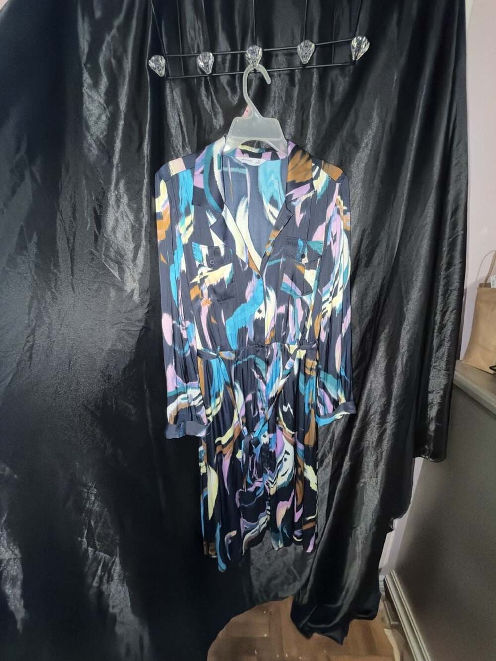 Nine West Midi Shirt Dress Size XL Multi-Color Abstract Satin